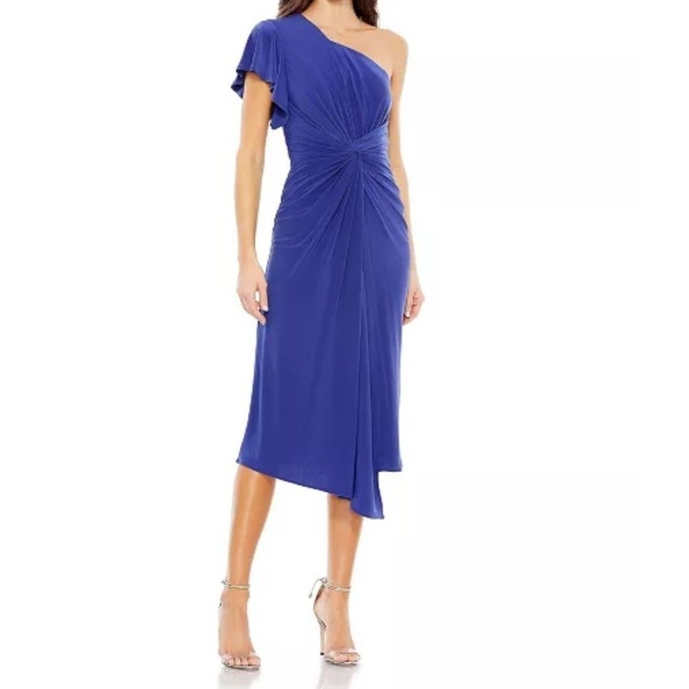 Mac Duggal Leena Royal Blue Midi Dress 4 NWT One Shoulder Ruffle Draped Party